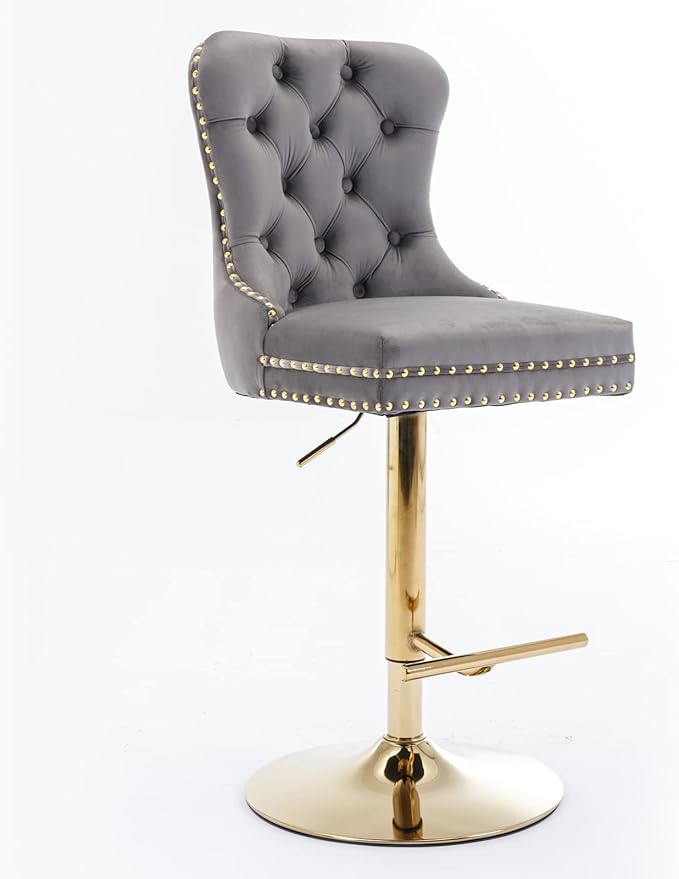 Furniture,Thick Golden Swivel Velvet Adjusatble Seat Height from 25 33 Inch, Modern Upholstered Bar Stools with Backs Comfortable Tufted for Home Pub and Kitchen Island (Gray,Set of 2)