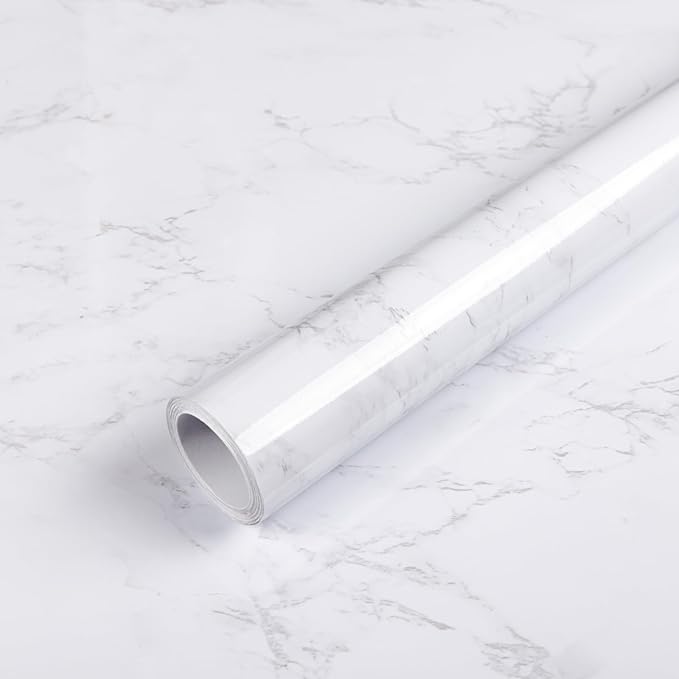 Abyssaly Glossy Marble Contact Paper White Wallpaper Peel and Stick Self Adhesive Waterproof Contact Paper for Countertop Kitchen Cabinets Bathroom 17.7" x 196"