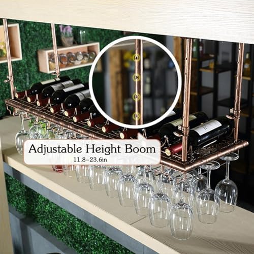 Adjustable Industrial Ceiling Wine Rack - Hanging Glass Holder & Home Bar Counter Shelf for Stemware, Perfect for Kitchen Island, Cafe & Restaurant Storage Solutions