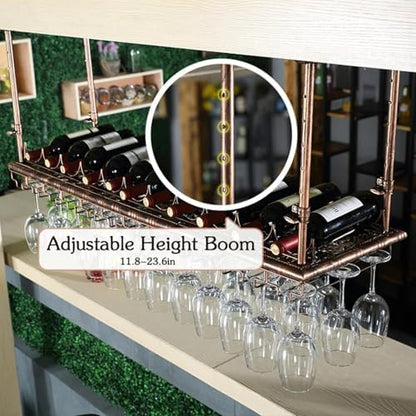Adjustable Industrial Ceiling Wine Rack - Hanging Glass Holder & Home Bar Counter Shelf for Stemware, Perfect for Kitchen Island, Cafe & Restaurant Storage Solutions