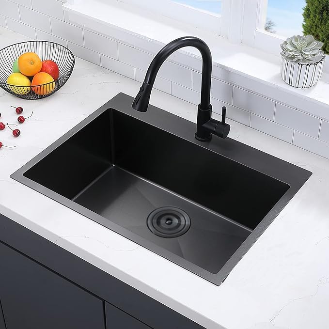 VCCUCINE 28x18 Inch Black Top Mount Drop in Kitchen Sink, Gunmetal Black Modern Square Single Bowl Stainless Steel Basin Topmount Kitchen Sink,16 Gauge Overmount Metal Laundry Sink with Strainer