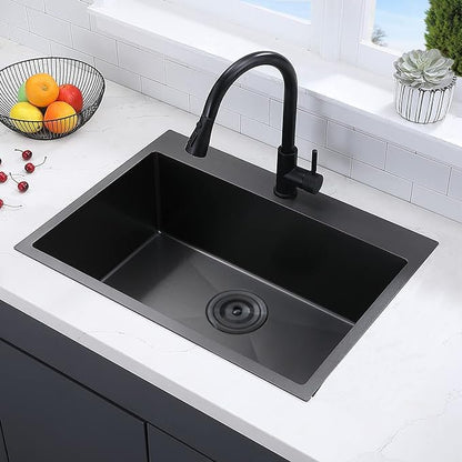 VCCUCINE 28x18 Inch Black Top Mount Drop in Kitchen Sink, Gunmetal Black Modern Square Single Bowl Stainless Steel Basin Topmount Kitchen Sink,16 Gauge Overmount Metal Laundry Sink with Strainer