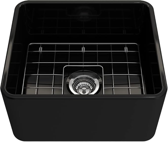 BOCCHI Classico Farmhouse Apron Front Fireclay 20 in. Single Bowl Kitchen Sink with Protective Bottom Grid and Strainer in Black