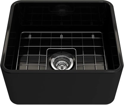 BOCCHI Classico Farmhouse Apron Front Fireclay 20 in. Single Bowl Kitchen Sink with Protective Bottom Grid and Strainer in Black