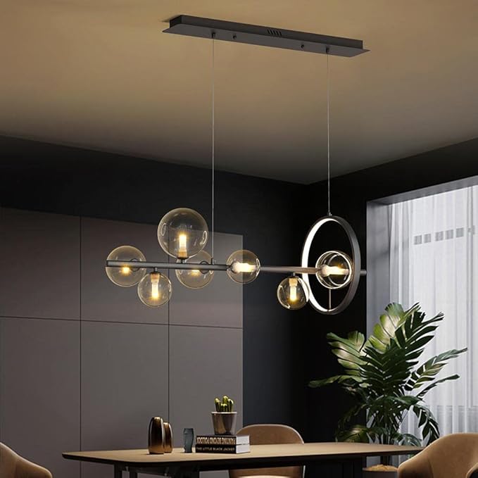Linear Kitchen Island Lighting, Dining Room Light Fixture Over Table, Large Industrial Black Pendant Lights Ceiling Hanging for Kitchen Living Room (Black, 7-Light)