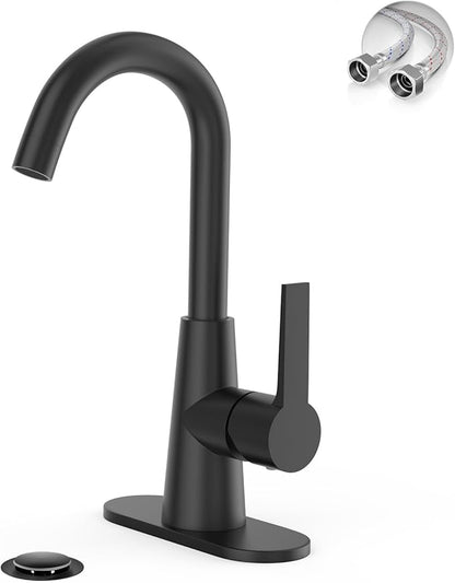 Phiestina Single Hole Matte Black Single-Handle 4 Inch Bathroom Sink Faucet with Deck Plate and Supply Hoses, Bar Sink Faucet/Pre-Kitchen Sink Faucet with 360° Rotation Spout, WE10E-MB