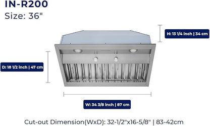 Hauslane Range Hood Insert 42 Inch, Hood Vent for Kitchen | Low Noise Performance, Professional-Grade Baffle Filters, LED Lamps, Stainless Steel Ductless Hood, Built in Range Hood 18.5” Deep