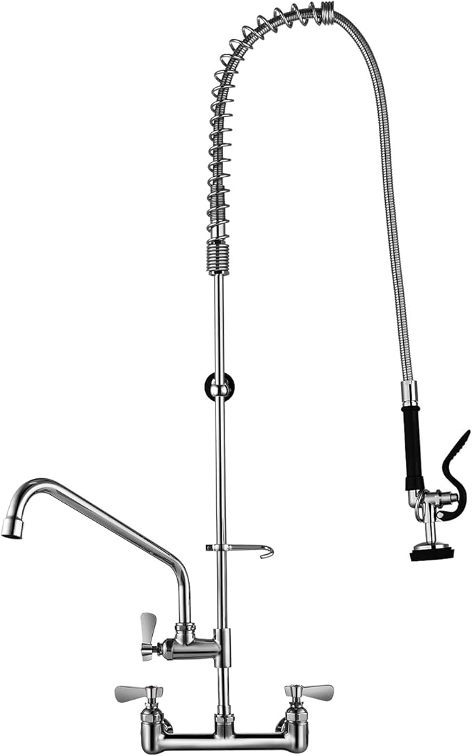 47" Height Commercial Kitchen Sink Faucet Wall Mount with Pre-Rinse Sprayer, 8 inch Center Wall Mount Faucet with Spring Pull Down Sprayer and 12" Add-on Spout for Restaurant