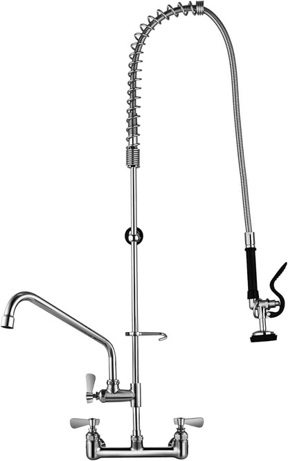 47" Height Commercial Kitchen Sink Faucet Wall Mount with Pre-Rinse Sprayer, 8 inch Center Wall Mount Faucet with Spring Pull Down Sprayer and 12" Add-on Spout for Restaurant