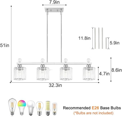 Lxybcce 32" Crystal Island Light for Kitchen Over Table, 4-Light Chrome Linear Pendant Light for Dining Room, Modern Ceiling Hanging Chandelier with Adjustable Height & Clear Crystal Shades, E26 Base