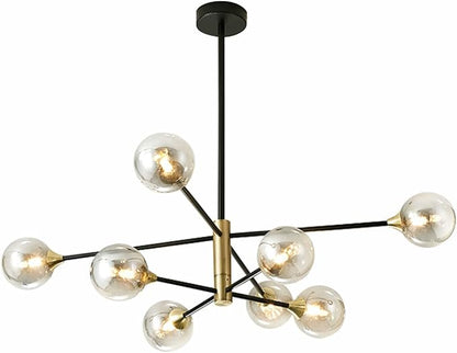 BOKT Black Gold Chandelier Pendant Light Mid Century Modern Sputnik Chandelier Light Fixture Globe Flush Mount Ceiling Light Amber Glass Ball Chandelier Kitchen Island Lighting
