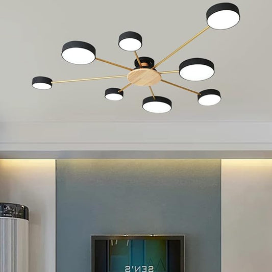 8-Lights LED Ceiling Light Fixture,48 Inch Modern Ceiling Lights Flush Mount Wooden 64W Dimmable Chandelier for Living Room Bedroom Kitchen,3000K/4000K/6000K Temperatures Selectable Black