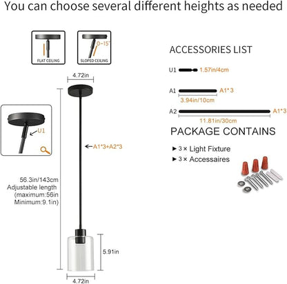 Black Pendant Lights Kitchen Island - Clear Glass Pendant Light Fixture Multiple Stems Rods 3 Units 12 Inch 3 Units 4 Inch (Black 3 Pack Stem Rod)