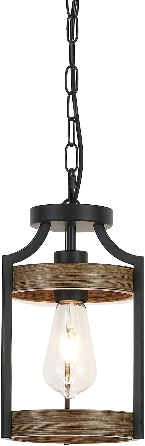 Farmhouse Pendant Light, Rustic Wood Metal Light Fixtures with Adjustable Hanging Chain, Small Pendant Lighting for Kitchen Island, Dining Room, Entryway, Cafe & Bar, 1 Pack