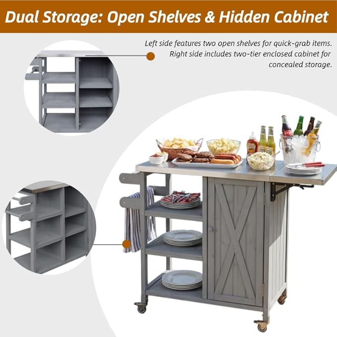 MERITLINE Foldable Outdoor Kitchen Island with Stainless Steel Top, Lockable Rolling Casters & Towel Rack, Mobile BBQ Prep Cart with Open Shelves and Hidden Cabinet for Patio, Balcony, Grey