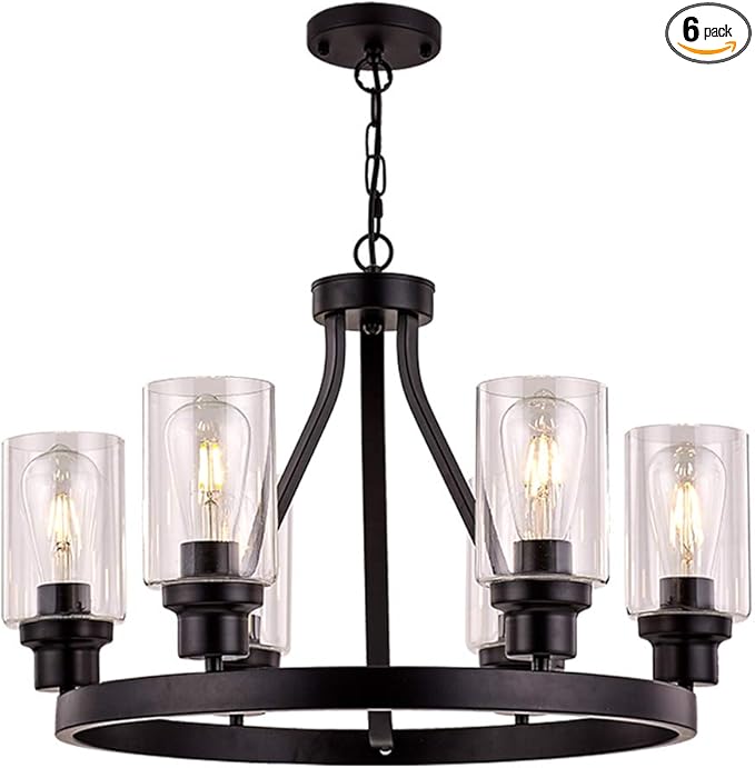 Wagon Wheel Chandelier Black Chandelier Lighting Round 6 Lights with Glass Shade Ceiling Hanging Vintage Rustic Light Fixture for Dining Room Living Room Foyer Porch Kitchen Island