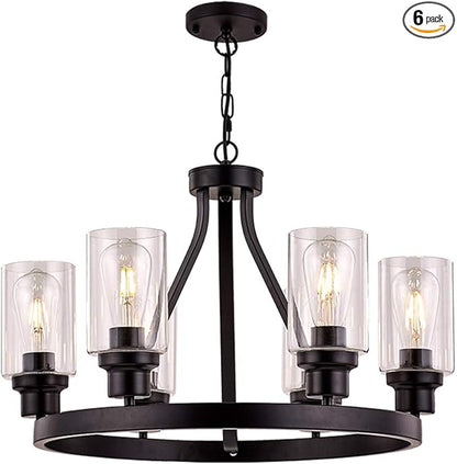 Wagon Wheel Chandelier Black Chandelier Lighting Round 6 Lights with Glass Shade Ceiling Hanging Vintage Rustic Light Fixture for Dining Room Living Room Foyer Porch Kitchen Island