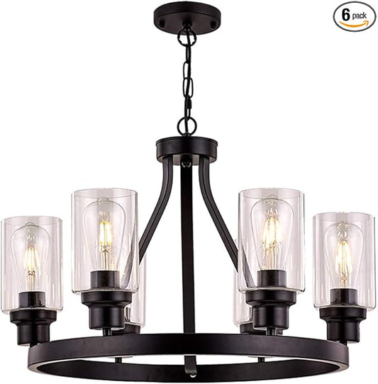 Wagon Wheel Chandelier Black Chandelier Lighting Round 6 Lights with Glass Shade Ceiling Hanging Vintage Rustic Light Fixture for Dining Room Living Room Foyer Porch Kitchen Island