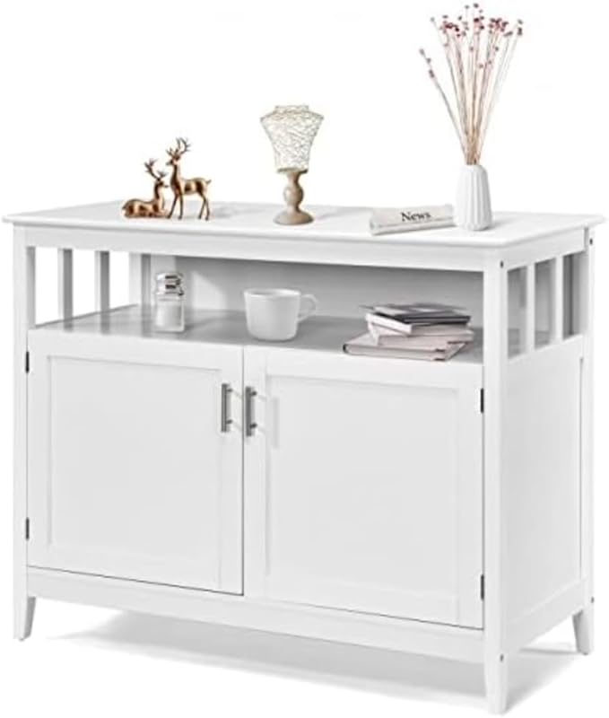 Sideboard Buffet Storage Cabinet Wood Kitchen Cupboard Server Console Island Table 2 Doors Storage Chest with Top Open Shelf (White)