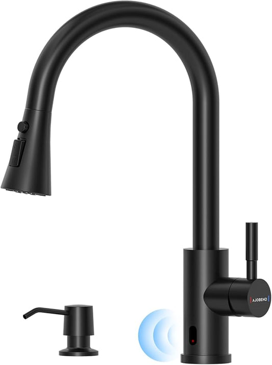 Touchless Matte Black Kitchen Sink Faucet with Pull Down Sprayer, Motion Sensor Touch on Faucets for Kitchen Sink, 360° Swivel Spout