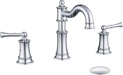 Roman Bathroom Sink-Faucet 3-Holes, Rotated Spout Vanity Basin Faucets 2 Handles 8 inches Widespread Deck Mount Brass Faucet for Sink with Overflow Pop Up Drain Polished Chrome NL2204-CP