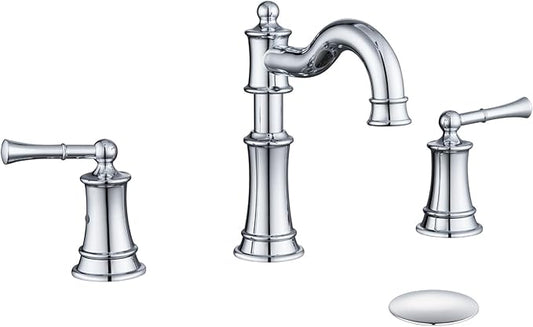 Roman Bathroom Sink-Faucet 3-Holes, Rotated Spout Vanity Basin Faucets 2 Handles 8 inches Widespread Deck Mount Brass Faucet for Sink with Overflow Pop Up Drain Polished Chrome NL2204-CP