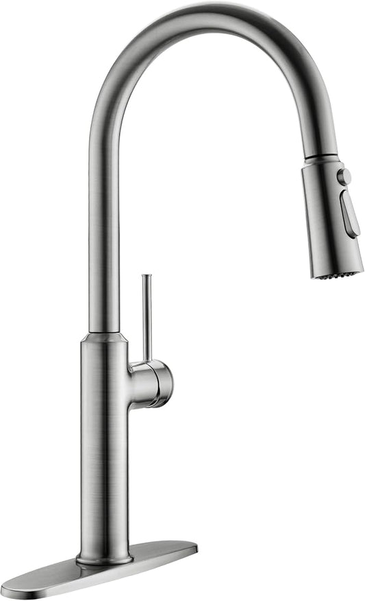 Kitchen Sink Faucets Brushed Nickel, High Arc Single Handle Kitchen Faucet with Pull Down Sprayer, Solid Brass Tall Kitchen Faucets