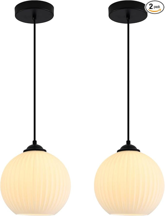 Contemporary Modern Pendant Lights Black Globe Pendant Lights Kitchen Island Vintage Milk White Glass Pendant Lighting Unique Ribbed Glass Ceiling Pendant Light (2 Pack)
