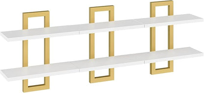 HOOBRO Floating Shelves, 15 Inch Wall Shelf Set of 3, Wall Mounted Storage Shelves 2-Tier, Hanging Bathroom Shelves, for Living Room, Bedroom, Bathroom, Kitchen, White and Gold DW32BJP301