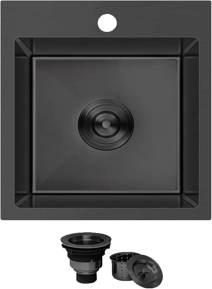 KINGO HOME Black Bar Sink Drop In,15 x 15 Inch Topmount RV 16 Gauge Gunmetal Black Stainless Steel Single Bowl Small Kitchen Sink,Outdoor Handmade Stainless Steel Wet Bar Perp Sink with Drain