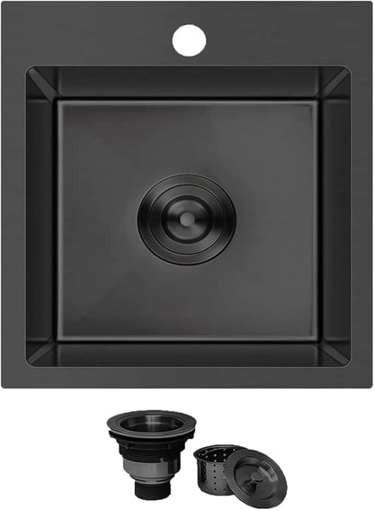KINGO HOME Black Bar Sink Drop In,15 x 15 Inch Topmount RV 16 Gauge Gunmetal Black Stainless Steel Single Bowl Small Kitchen Sink,Outdoor Handmade Stainless Steel Wet Bar Perp Sink with Drain
