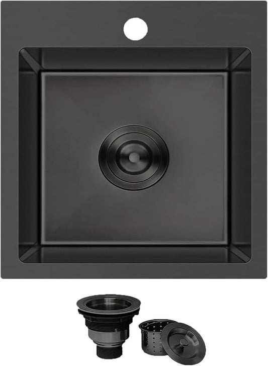 KINGO HOME Black Bar Sink Drop In,15 x 15 Inch Topmount RV 16 Gauge Gunmetal Black Stainless Steel Single Bowl Small Kitchen Sink,Outdoor Handmade Stainless Steel Wet Bar Perp Sink with Drain