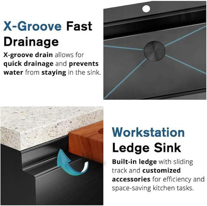 36 Inch Farmhouse Black Sink, 16 Gauge 304 Stainless Steel Farm Sinks, Drop In Topmount Single Bowl Workstation Sink with all Accessories, 36" x 22" x 10" Deep Kitchen Sink