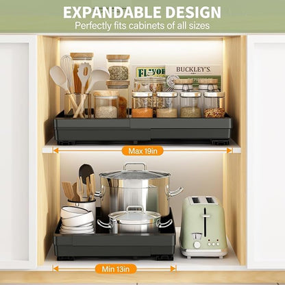 2 Pack Pull Out Cabinet Organizers Expandable (13''-19''), Plastic Slide Out Drawers for Kitchen, Bathroom, Pantry, Under Sink Storage, Pull Out Drawers Fixed with Adhesive Nano Film (Black)