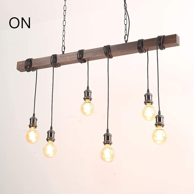 Eoyemin 6-Lights Kitchen Light Fixtures Farmhouse Wooden Retro Rustic Wood Pendant Light Industrial Suspension Line Can Be Adjusted Freely Chandelier for Dining Table Vintage Kitchen Bar Island