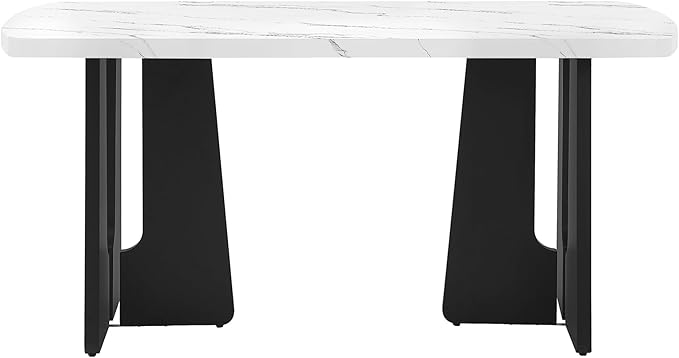 63" Faux Marble Island Table, Rustic Dining Table with 350Lbs Capacity, Farmhouse Dining Table with Geometric Legs for Family Meals, White+Black