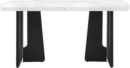 63" Faux Marble Island Table, Rustic Dining Table with 350Lbs Capacity, Farmhouse Dining Table with Geometric Legs for Family Meals, White+Black