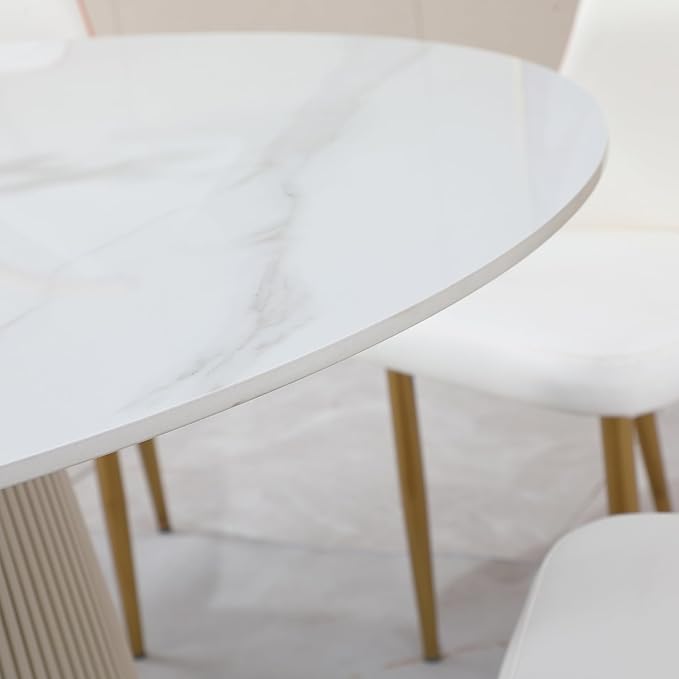 53 Inch Round Sintered Stone Dining Table, Scratch & Heat Resistant Kitchen Table for 4-6 People, Modern Metal Wood Base, Easy Clean Round Dinner Table for Home Dining Room