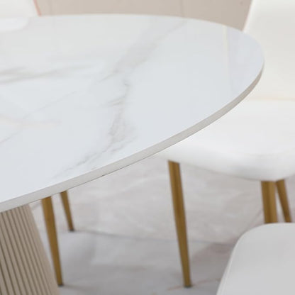 53 Inch Round Sintered Stone Dining Table, Scratch & Heat Resistant Kitchen Table for 4-6 People, Modern Metal Wood Base, Easy Clean Round Dinner Table for Home Dining Room