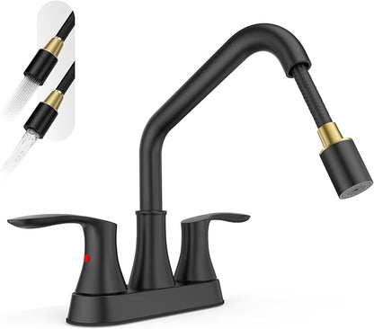 Phiestina Black Utility Sink Faucet 3 Hole, Laundry Sink Faucet with Pull Out Sprayer, Long Spout Dual Handle Modern Bathroom Faucet, 4 Inch CenterSet Laundry & Utility Room Sink Faucets, LF36CL-2M-MB
