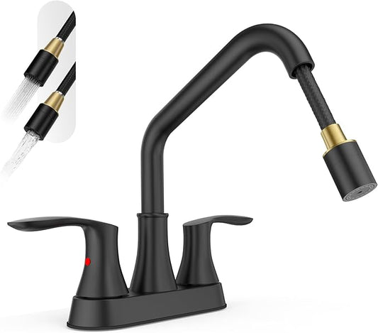 Phiestina Black Utility Sink Faucet 3 Hole, Laundry Sink Faucet with Pull Out Sprayer, Long Spout Dual Handle Modern Bathroom Faucet, 4 Inch CenterSet Laundry & Utility Room Sink Faucets, LF36CL-2M-MB
