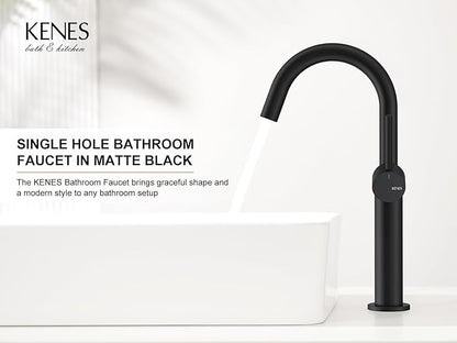 KENES Matte Black Tall Bathroom Vessel Sink Faucet, Single Handle Bathroom Faucet Single Hole, Tall Vanity Faucet with Pop Up Drain and Supply Lines, KE-9005C-2