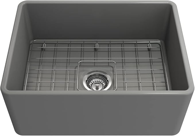 BOCCHI Classico Farmhouse Apron Front Fireclay 24 in. Single Bowl Kitchen Sink with Protective Bottom Grid and Strainer in M.Gray