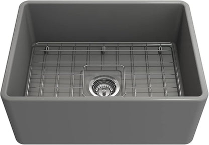 BOCCHI Classico Farmhouse Apron Front Fireclay 24 in. Single Bowl Kitchen Sink with Protective Bottom Grid and Strainer in M.Gray