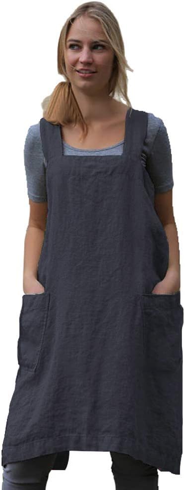 Larmliss Women's Pinafore Square Apron Baking Cooking Gardening Works Cross Back Cotton/Linen Blend Dress with 2 Pockets