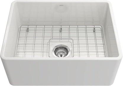 BOCCHI Classico White Apron Front Fireclay 24 in. Single Bowl Kitchen Sink with Protective Bottom Grid, Strainer, and Chrome Faucet
