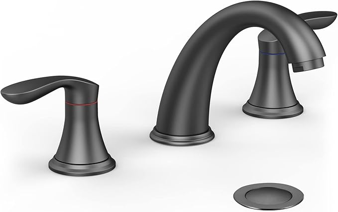 Bathroom Sink Faucet, Faucet for Bathroom Sink, Widespread Matte Black Bathroom Faucet 3 Hole with Stainless Steel Pop Up Drain and cUPC Lead-Free Hose - (Matte Black)