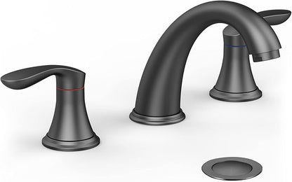 Bathroom Sink Faucet, Faucet for Bathroom Sink, Widespread Matte Black Bathroom Faucet 3 Hole with Stainless Steel Pop Up Drain and cUPC Lead-Free Hose - (Matte Black)