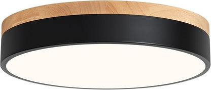 WOKNOS Modern Wood Oak Black Flush Mount Ceiling Light Dimmable LED Ceiling Light Fixture 2700K-6000K 5CCT Minimalist Circle Close to Lighting Lamp for Kitchen Bathroom Bedroom Laundry Room, 11.8''