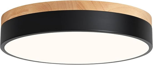 WOKNOS Modern Wood Oak Black Flush Mount Ceiling Light Dimmable LED Ceiling Light Fixture 2700K-6000K 5CCT Minimalist Circle Close to Lighting Lamp for Kitchen Bathroom Bedroom Laundry Room, 11.8''